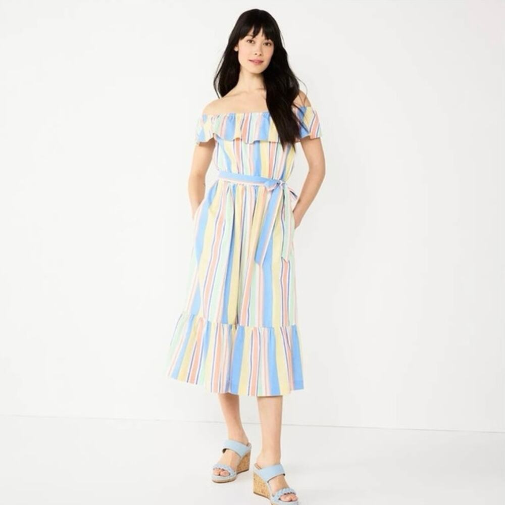 Draper James RSVP Off Shoulder Ruffle Stripe Midi Dress Size Small